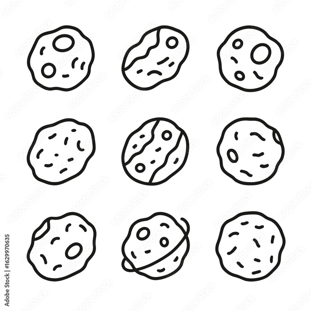 Poster asteroid icon set. outline icon set of asteroid types: c-type asteroid, s-type asteroid, m-type aste
