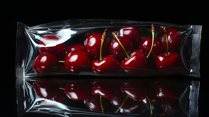 Photograph of cherries in a clear plastic clamshell packaging, reflecting light.