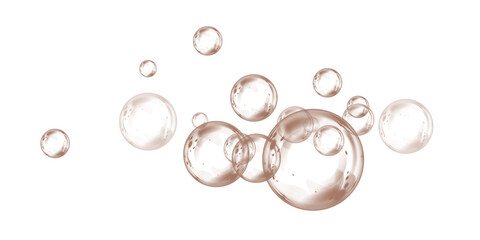 Set of realistic chocolate brown soap bubbles in various sizes. Bubbles are located on a transparent background. Water glass bubble realistic