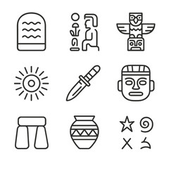 Fototapeta premium Ancient Ritual Icons. Outline icon set of ancient rituals: stone tablet, hieroglyphs, totem pole, sun disk, sacrificial knife,
