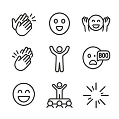 Obraz premium Audience Reaction Icons. Outline icon set of audience reaction: applause icon, gasping face, cheering emoji, clapping hands,
