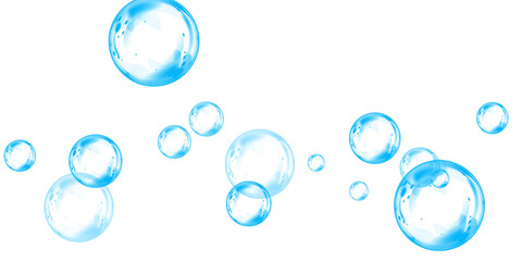 Set of realistic blue soap bubbles in various sizes. Bubbles are located on a transparent background. Water glass bubble realistic