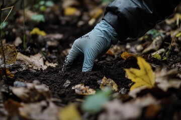 Gloved hand digging in soil with autumn leaves