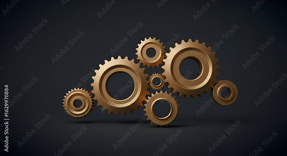Poster Gold gears arranged in a complex mechanism in a dark setting. Interlocking gears with a 3D style against a dark backdrop.