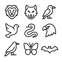 Fototapeta premium Animal Symbol Icons. Outline icon set of symbolic animals: lion, wolf, raven, dove, snake, eagle, crow, butterfly, bat. Line icons