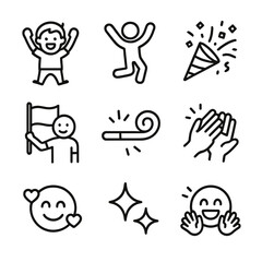 Animated Cheering Icons. Outline icon set of animated cheering: cartoon cheering, jumping character, confetti burst, waving flag,