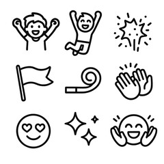 Obraz premium Animated Cheering Icons. Outline icon set of animated cheering: cartoon cheering, jumping character, confetti burst, waving flag,