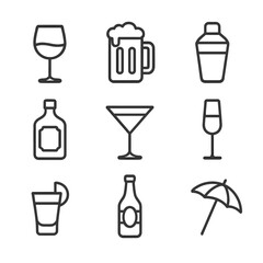 Alcoholic Beverages Icons. Outline icon set of Alcoholic beverages: wine glass, beer mug, cocktail shaker,
