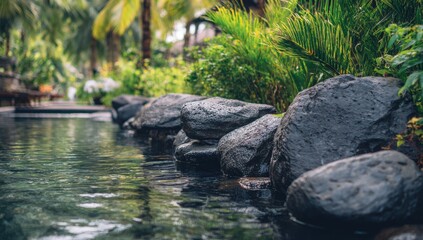Dark rocks line a tranquil pool in a lush tropical garden
