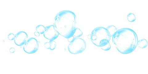 Set of realistic blue soap bubbles in various sizes. Bubbles are located on a transparent background. Water glass bubble realistic