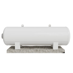 A long, cylindrical, white air tank rests on a gray base.  It features two small mounting brackets on either end and four smaller feet. The tank appears smooth and is shown from a side profile