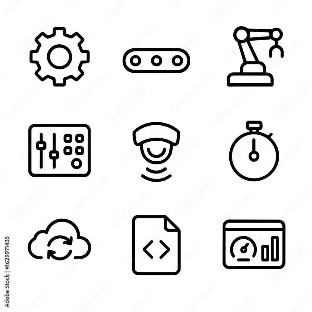 Poster automation workflow icons. outline icon set of automation workflow: gear, conveyor belt, robotic arm