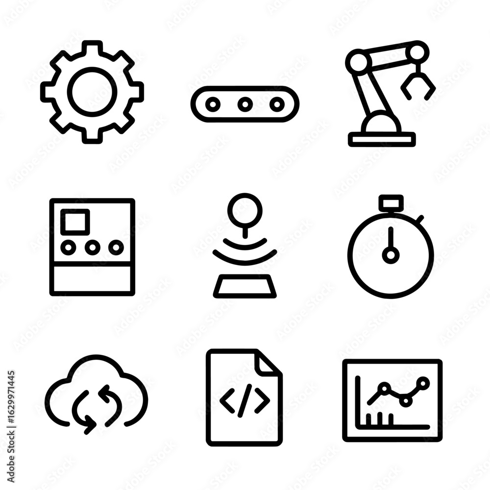 Poster automation workflow icons. outline icon set of automation workflow: gear, conveyor belt, robotic arm