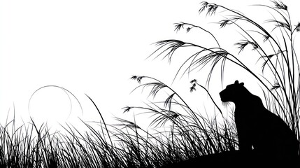 Silhouette of a tiger in tall grass at sunset