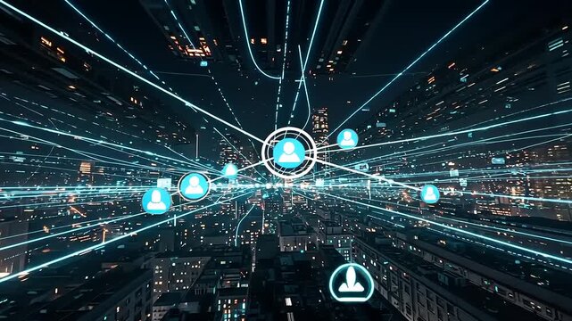 Futuristic cityscape at night with digital connections and glowing icons representing technology - Powered by Adobe