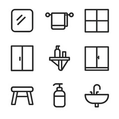 Bath Icons Set. Outline icon set of bathing environment: bathroom mirror, towel rack, bath tiles, shower door, bath shelf, window,