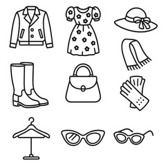 Antique Apparel Icons. Outline icon set of antique apparel shop: vintage jacket, floral dress, sun hat, boots,