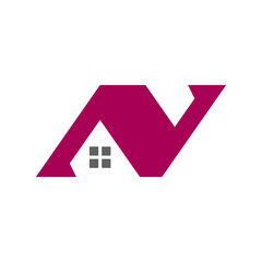 Modern minimalist house logo with letter N design in bold magenta, symbolizing real estate, home building, and architectural creativity.