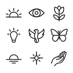 Awakening Symbols Icons. Outline icon set of awakening symbols: sunrise, open eye, blooming flower, light bulb, rising phoenix,