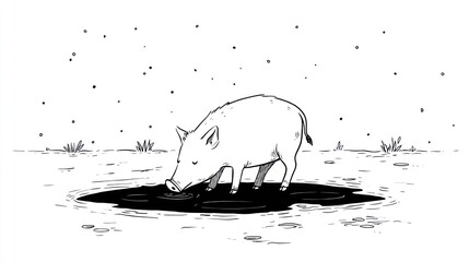 Simple black and white illustration of a pig in a muddy puddle
