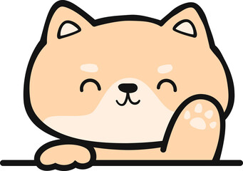 Cute shiba inu puppy wave hand cartoon illustration, Kawaii shiba dog greetings, Adorable dog peeking over line doodle