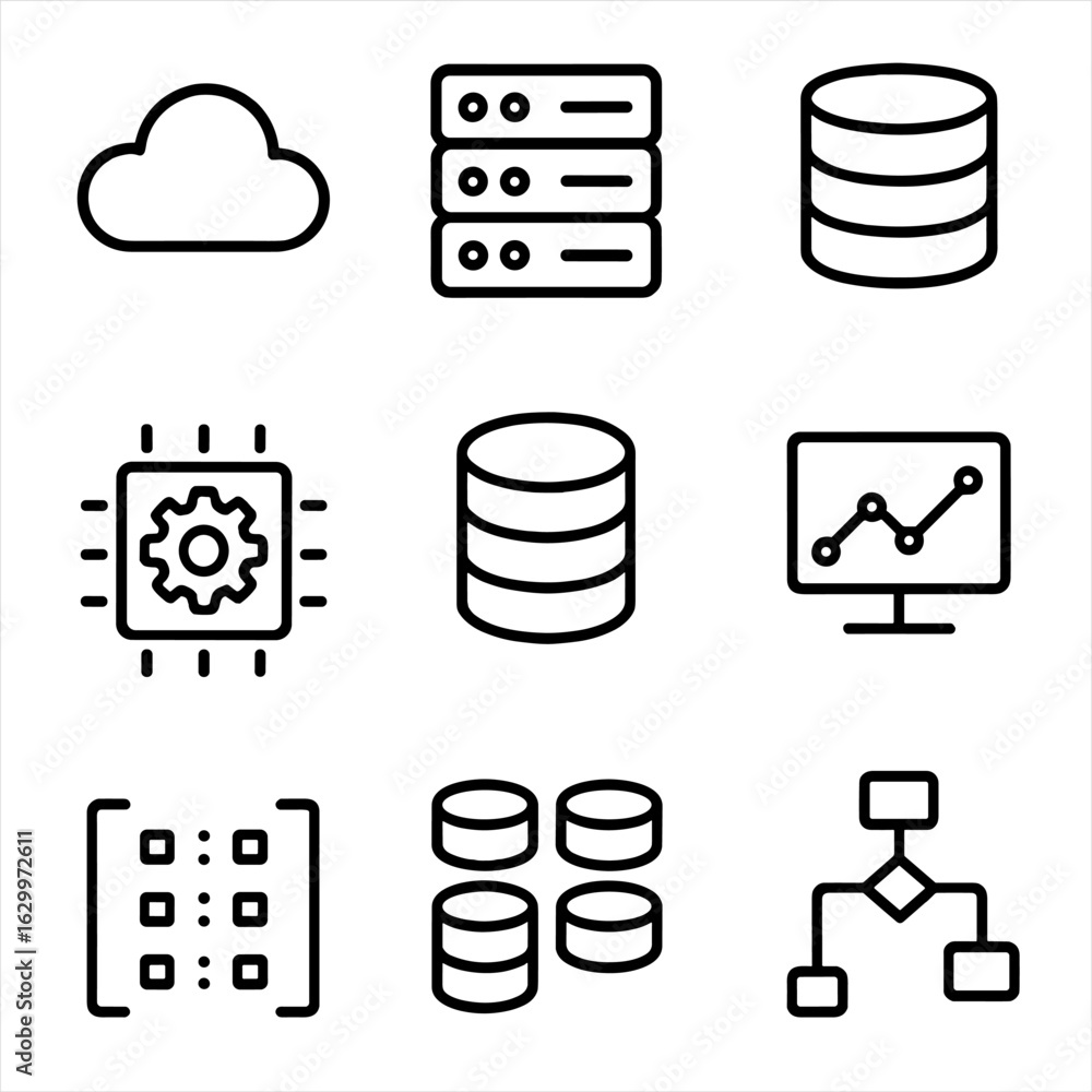 Poster big data icons. outline icon set of big data: cloud, server farm, data storage, data processing, dat