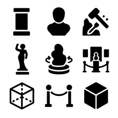 3D Art Icons. Solid, filled icons set of sculpture and 3D art displays: plinth icon, clay model, stone chisel,