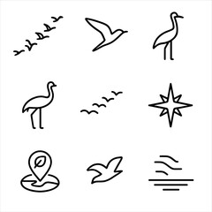 Bird Behavior Icons. Outline icon set of migratory birds: goose V-formation, swallow in flight, crane silhouette, stork outline,