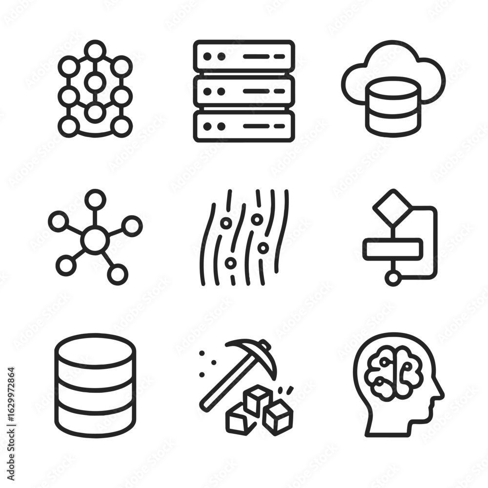 Poster big data icons. outline icon set of big data analytics: data cluster, server farm, cloud storage, ne