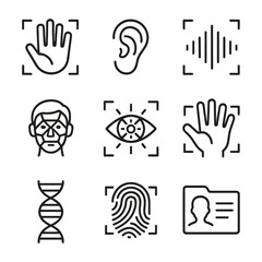 Obraz premium Biometric Icons Grid. Outline icon set of biometric identity: palm scan, ear print, voice print, facial grid, iris scan, hand
