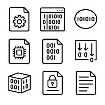 Binary File Icons. Outline icon set of binary file formats: executable file, hex dump window, binary blob, firmware image,