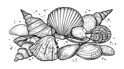 Detailed illustration of various seashells