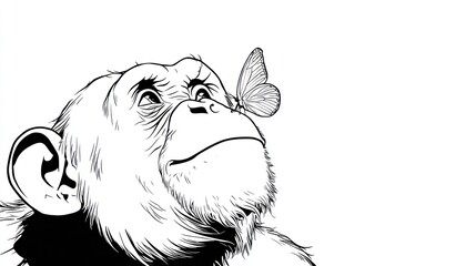 A chimpanzee looking upwards at a butterfly