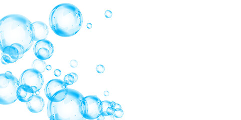 Set of realistic blue soap bubbles in various sizes. Bubbles are located on a transparent background. Water glass bubble realistic