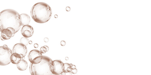 Set of realistic chocolate brown soap bubbles in various sizes. Bubbles are located on a transparent background. Water glass bubble realistic