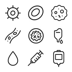 Blood Components Icons. Outline icon set of platelets and blood components: platelet cell, red blood cell, white blood cell, blood