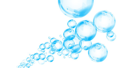 Set of realistic blue soap bubbles in various sizes. Bubbles are located on a transparent background. Water glass bubble realistic