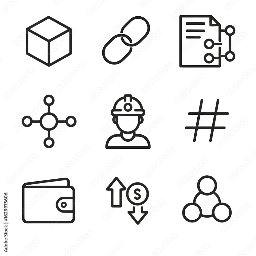 Poster blockchain icons overview. outline icon set of blockchain fundamentals: block, chain link, ledger, n