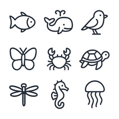 Blue Animal Icons. Outline icon set of cool tone animals: blue fish, blue whale, bluebird, blue butterfly, blue crab, blue turtle,