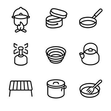 Camping Cookware Icons. Outline icon set of camping cookware: campfire pot, mess kit, folding pan, portable stove, collapsible