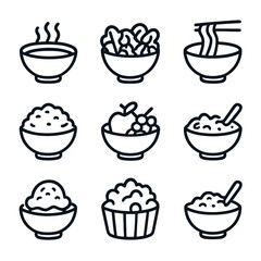 Bowls Icon Set. Outline icon set of food in bowls: soup bowl, salad bowl, noodle bowl, rice bowl, fruit bowl, cereal bowl, dessert