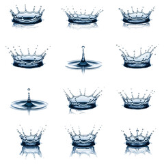Collage of twelve dynamic water splash crown shapes isolated on transparent background