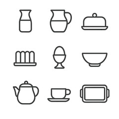 Breakfast Tableware Icons. Outline icon set of breakfast tableware: milk carafe, juice jug, butter dish, toast rack, egg cup,