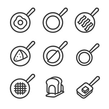 Breakfast Pan Icons. Outline icon set of breakfast pans: egg pan, pancake pan, bacon pan, crepe pan, omelette pan, mini skillet,