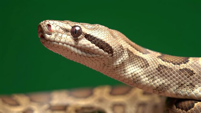Close-up of a patterned snake's head with detailed scales against a vibrant green background.