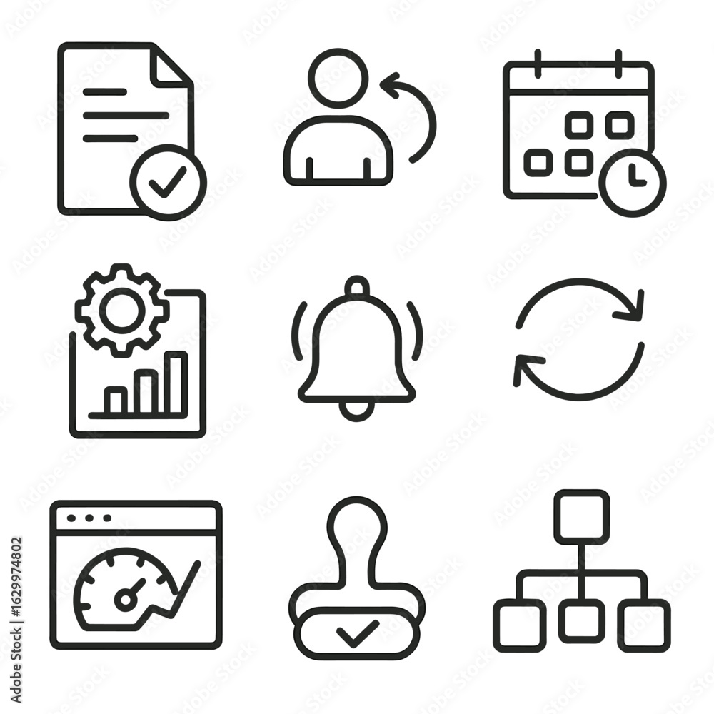 Poster business automation icons. outline icon set of business process automation: document approval, task 