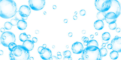 Set of realistic blue soap bubbles in various sizes. Bubbles are located on a transparent background. Water glass bubble realistic