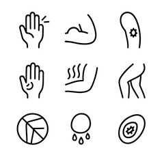 Bruise Symptoms Icons. Outline icon set of bruise symptoms: pain, swelling, discoloration, tenderness, warmth, stiffness, limited