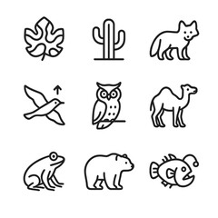 Obraz premium Animal Adaptation Icons. Outline icon set of natural adaptation in animals: camouflage pattern, desert cactus, arctic fox,