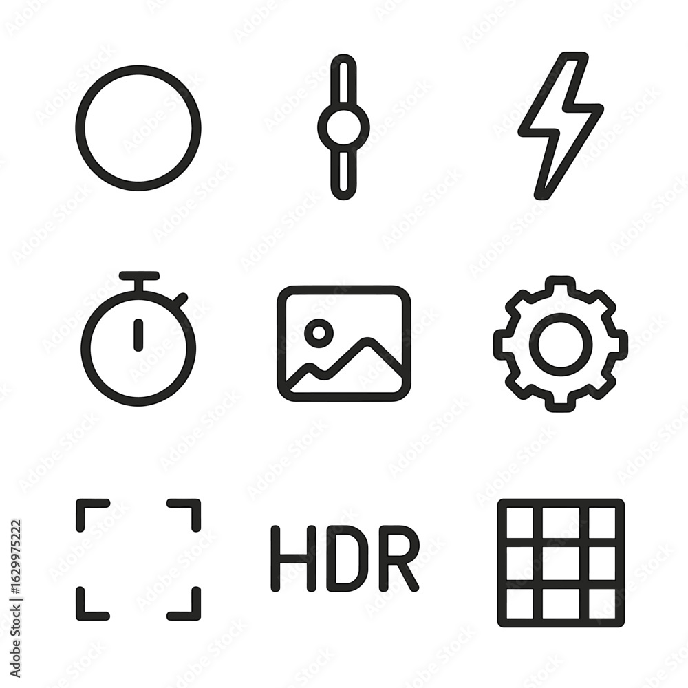 Poster camera app icons. outline icon set of camera app interface: shutter button, zoom slider, flash toggl